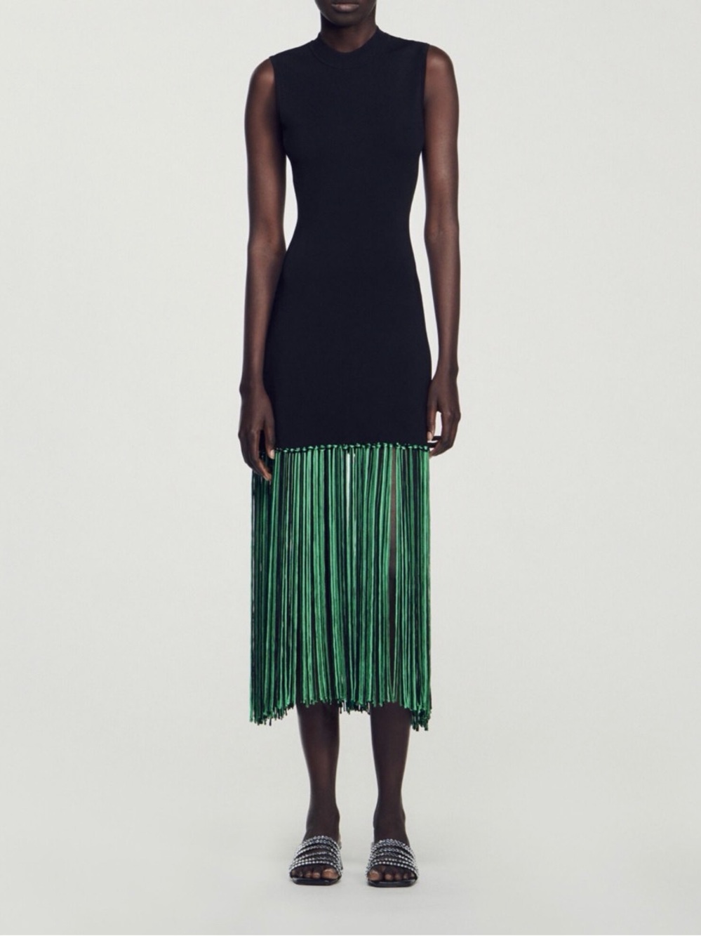 Sandro Bambie Black & Green Fringe Hem Knit Dress